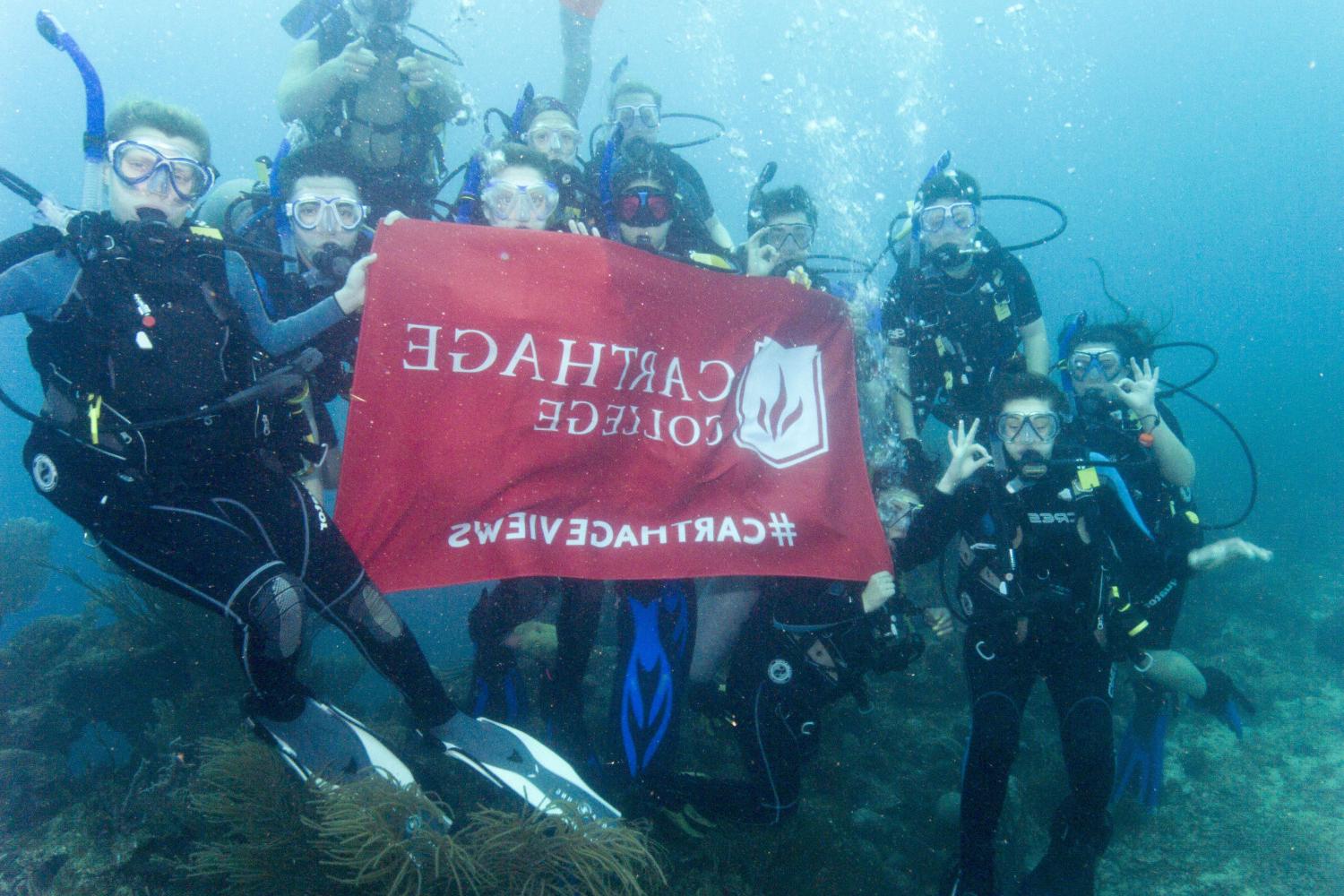 学生们手持<a href='http://bkr3.philboardport.com'>bv伟德ios下载</a>旗帜，在j学期洪都拉斯游学之旅中潜水.